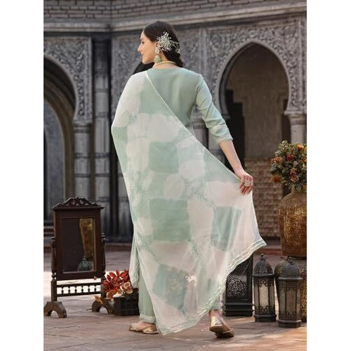 Stylum Women's Solid Rayon A-Line Kurta Pant Dupatta Set (Kpdgreenmegha40_Pista Green, L)