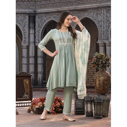 Stylum Women's Solid Rayon A-Line Kurta Pant Dupatta Set (Kpdgreenmegha40_Pista Green, L)
