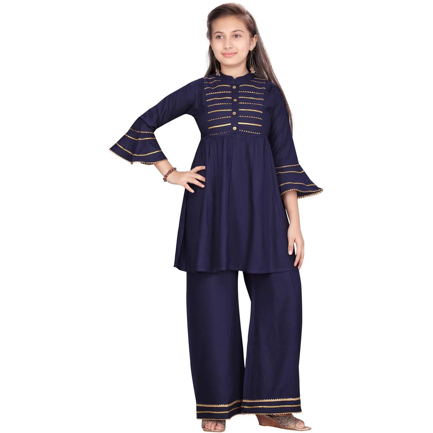 Aarika Girl's Cotton Kurti Palazzo Set (Jn_Pl-B-3_Navy Blue