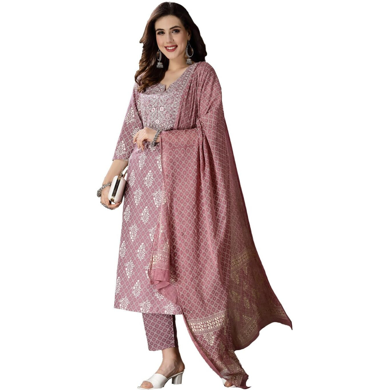 Stylum Women's Printed & Embroidered Rayon Straight Kurta Pant Dupatta Set (Kpdmauvekohli44_Mauve, Xxl)