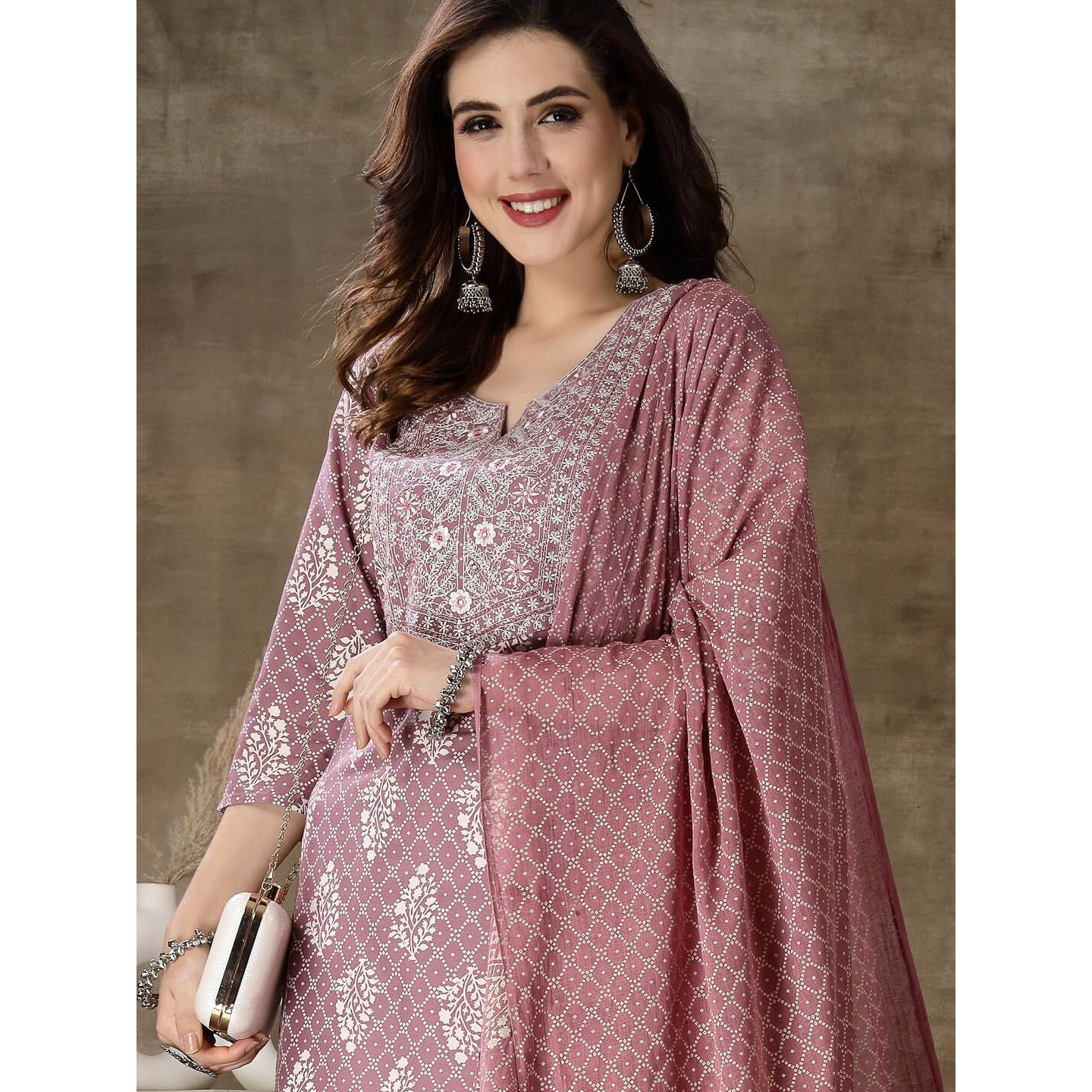 Stylum Women's Printed & Embroidered Rayon Straight Kurta Pant Dupatta Set (Kpdmauvekohli44_Mauve, Xxl)