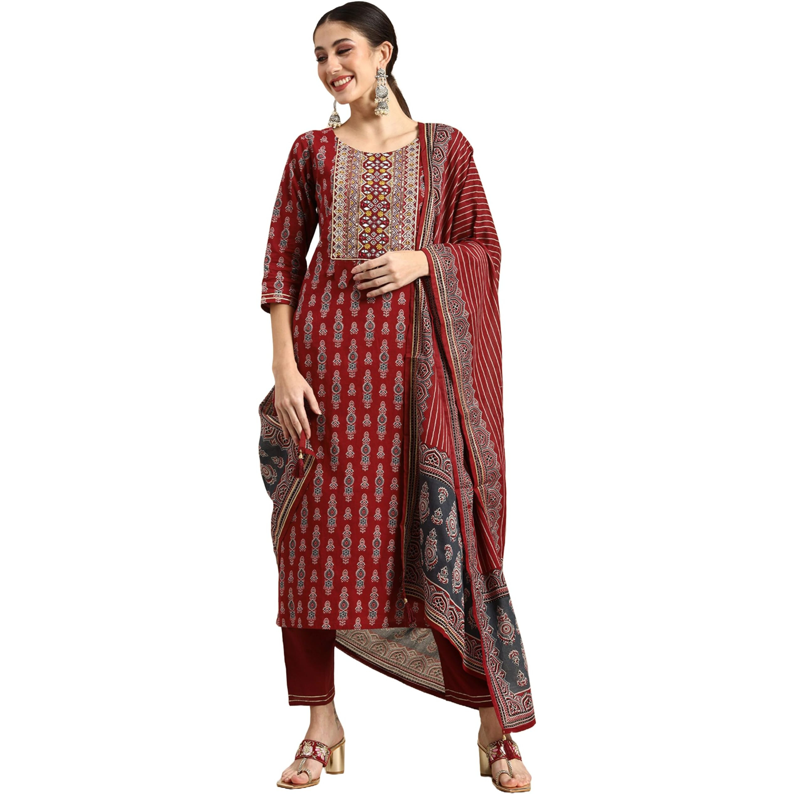 Alvami Viscose Women Printed Kurta And Pant With Dupatta Set (In, Alpha, S, Red)