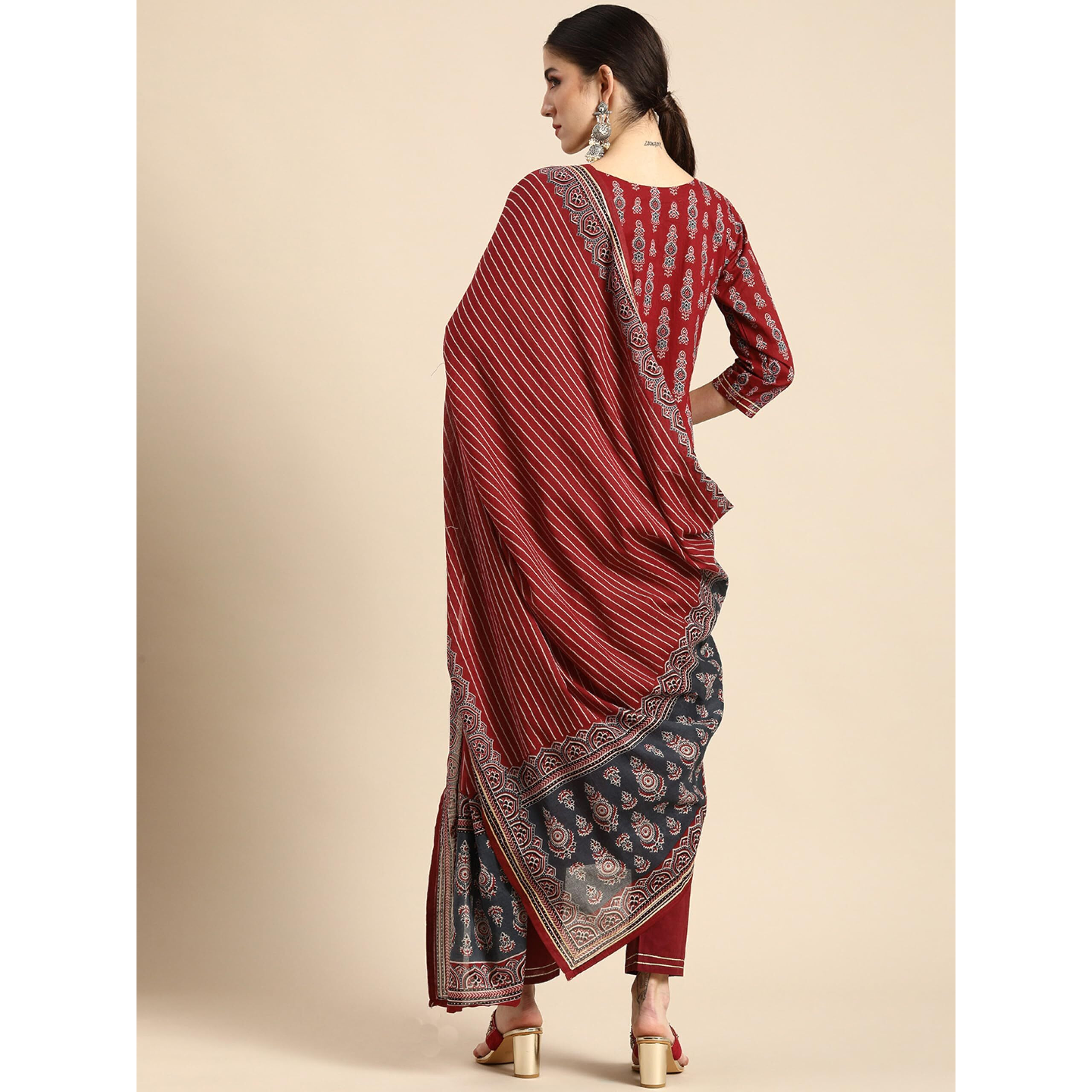 Alvami Viscose Women Printed Kurta And Pant With Dupatta Set (In, Alpha, S, Red)