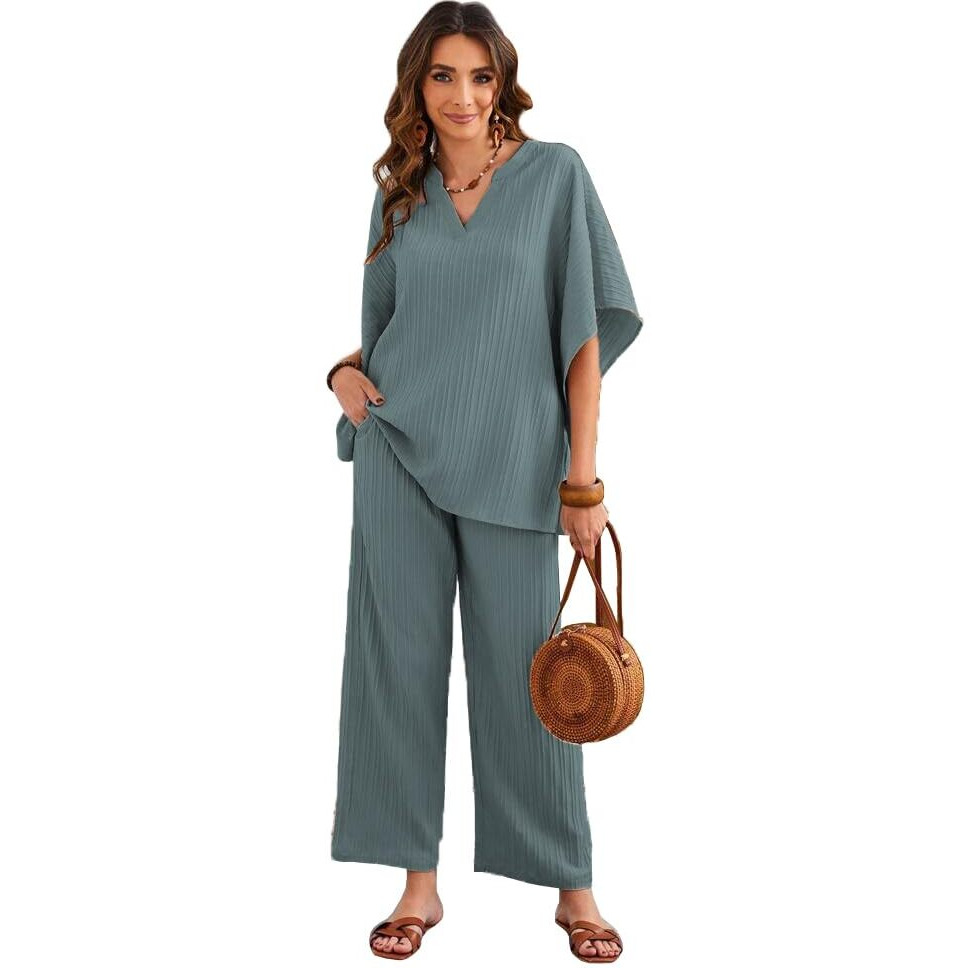 Tadkee Women's Solid Color V-Neck Kaftan Sleeve Casual Wear Co Ord Set | Kurta Set For Women (Fn-Sugar-Cord-121-Green-L)