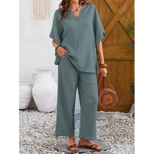 Tadkee Women's Solid Color V-Neck Kaftan Sleeve Casual Wear Co Ord Set | Kurta Set For Women (Fn-Sugar-Cord-121-Green-L)