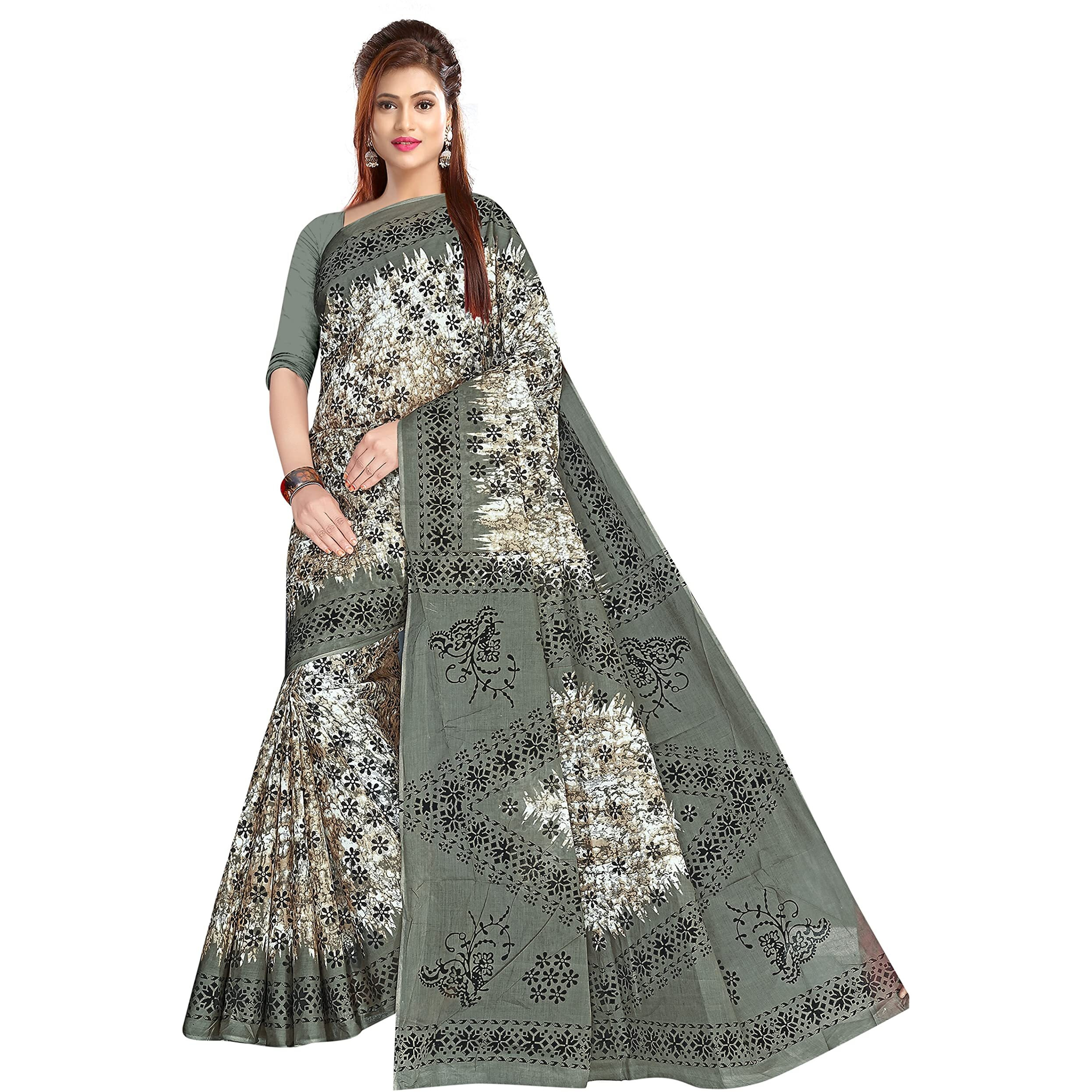 Tamaira Fashion Women's Plain Weave Pure Cotton Saree Without Blouse Piece(1346_Beigeandgrey)