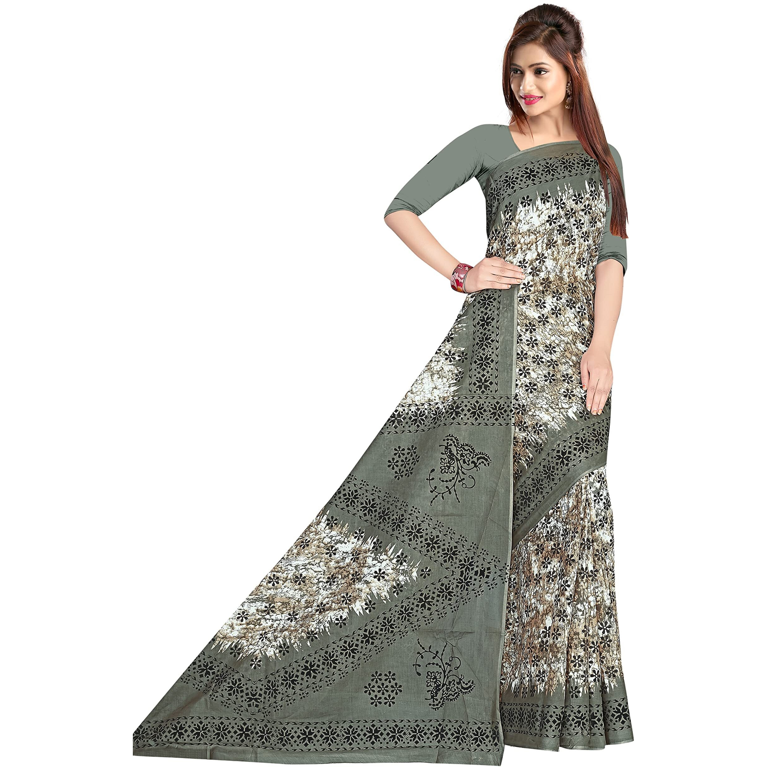 Tamaira Fashion Women's Plain Weave Pure Cotton Saree Without Blouse Piece(1346_Beigeandgrey)