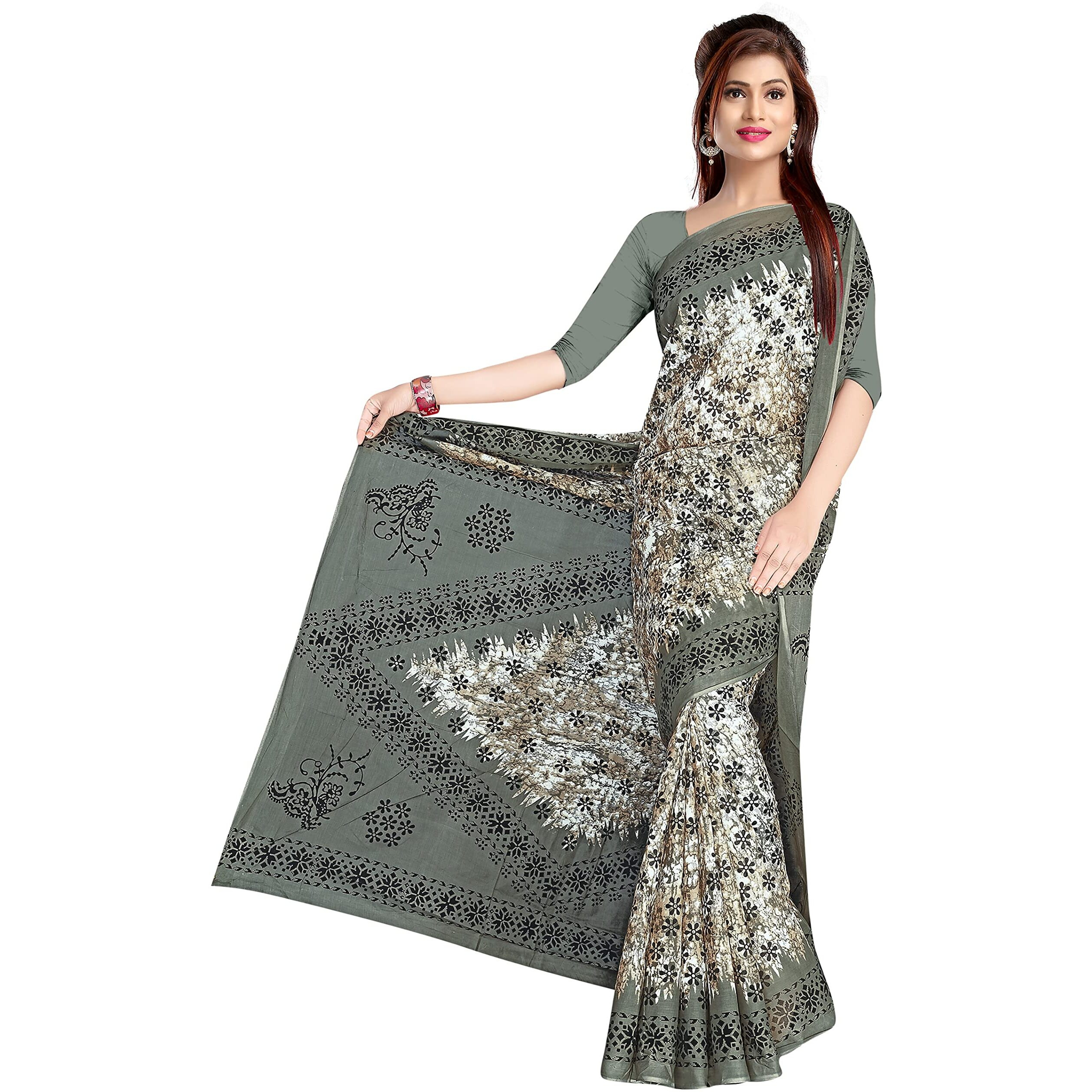 Tamaira Fashion Women's Plain Weave Pure Cotton Saree Without Blouse Piece(1346_Beigeandgrey)