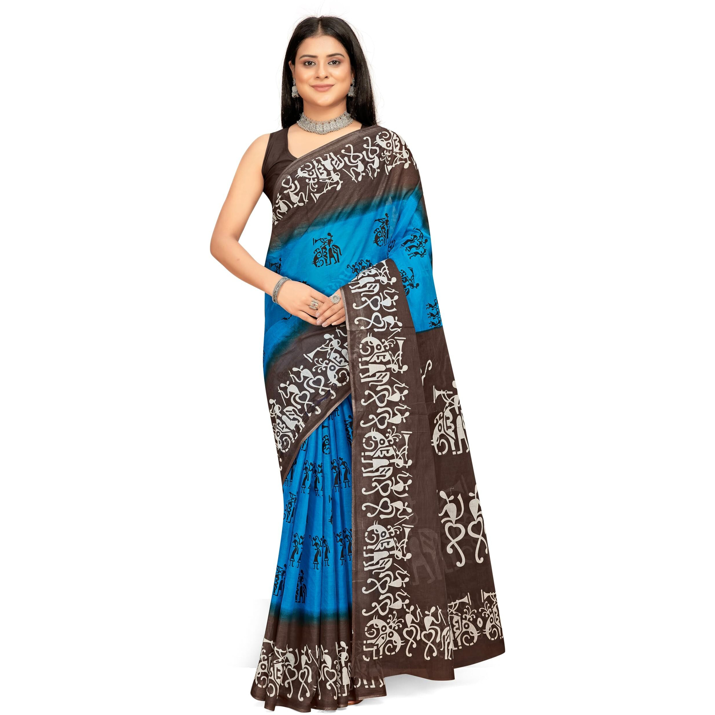 Tamaira Fashion Women's Printed Pure Cotton Mulmul Saree Without Blouse Piece(2501_Turquoise&Grey)