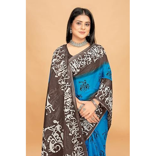 Tamaira Fashion Women's Printed Pure Cotton Mulmul Saree Without Blouse Piece(2501_Turquoise&Grey)