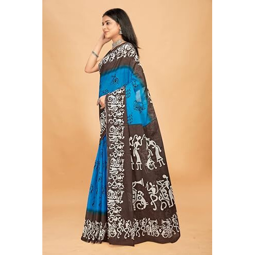Tamaira Fashion Women's Printed Pure Cotton Mulmul Saree Without Blouse Piece(2501_Turquoise&Grey)