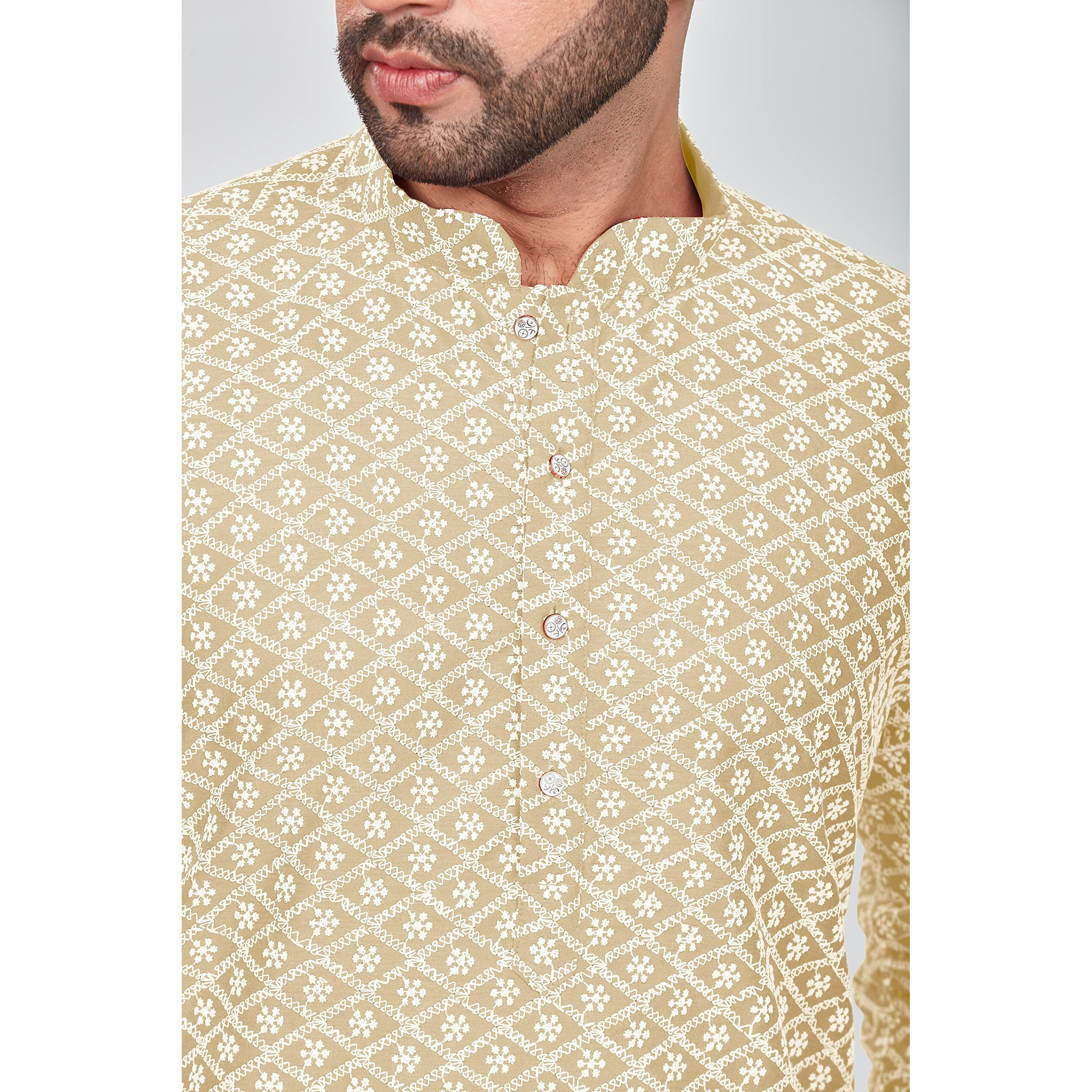 Be Active Men's Embroidered Lucknowi Beige Kurta Set || Men Kurta Pajama || Men Kurta Pajama Set || Kurta Pajama For Men (Rfsk0013 9 Set Xl)
