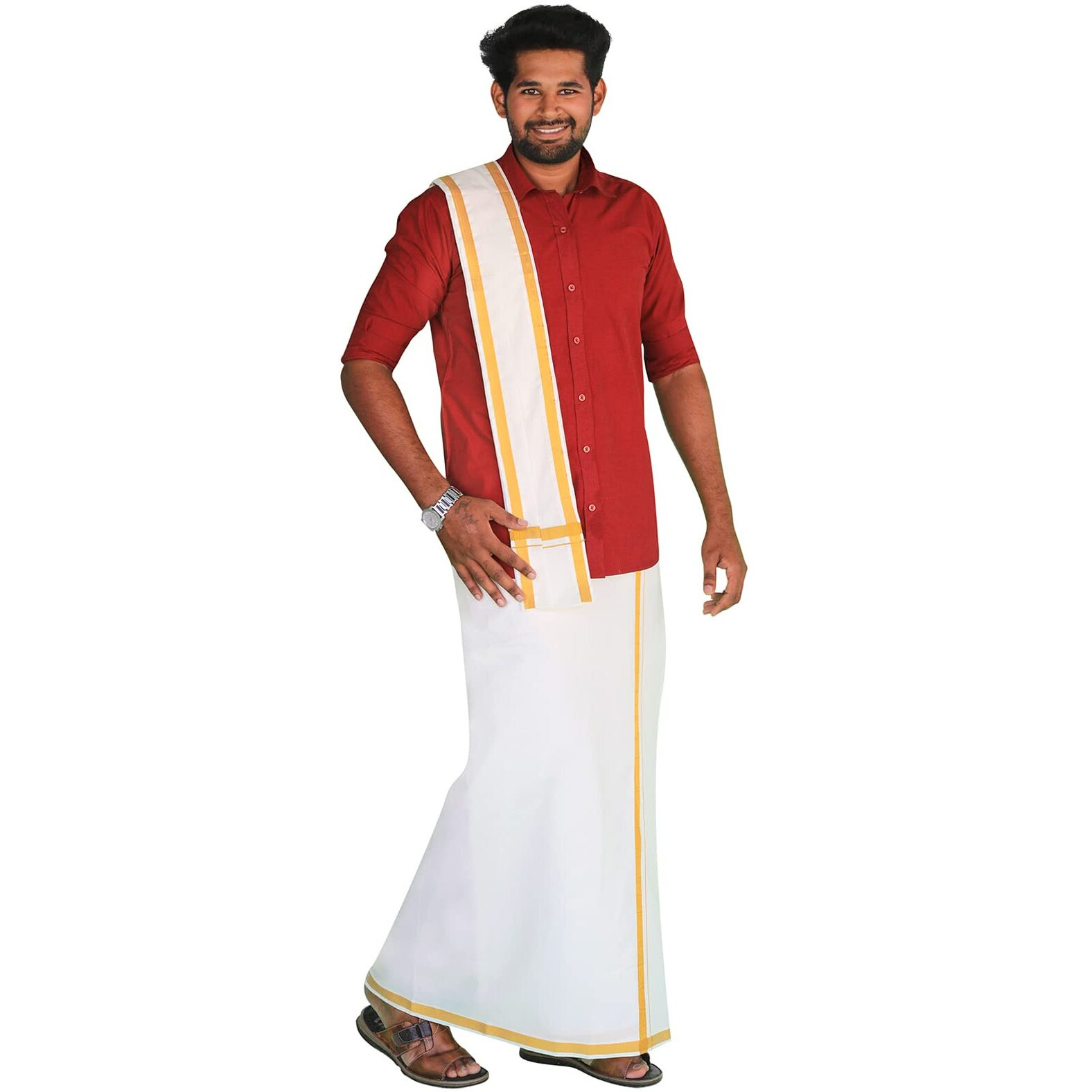 Prakasam Cotton Mens Flexi Size Welcro Pocket Readymade Dhoti +Matching Jari Cotton Single Towel Set Only (Shirt Not Included)