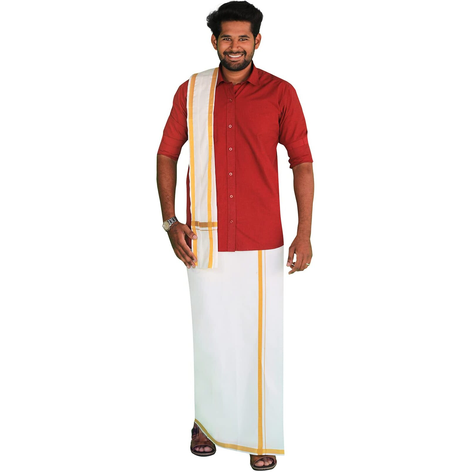 Prakasam Cotton Mens Flexi Size Welcro Pocket Readymade Dhoti +Matching Jari Cotton Single Towel Set Only (Shirt Not Included)
