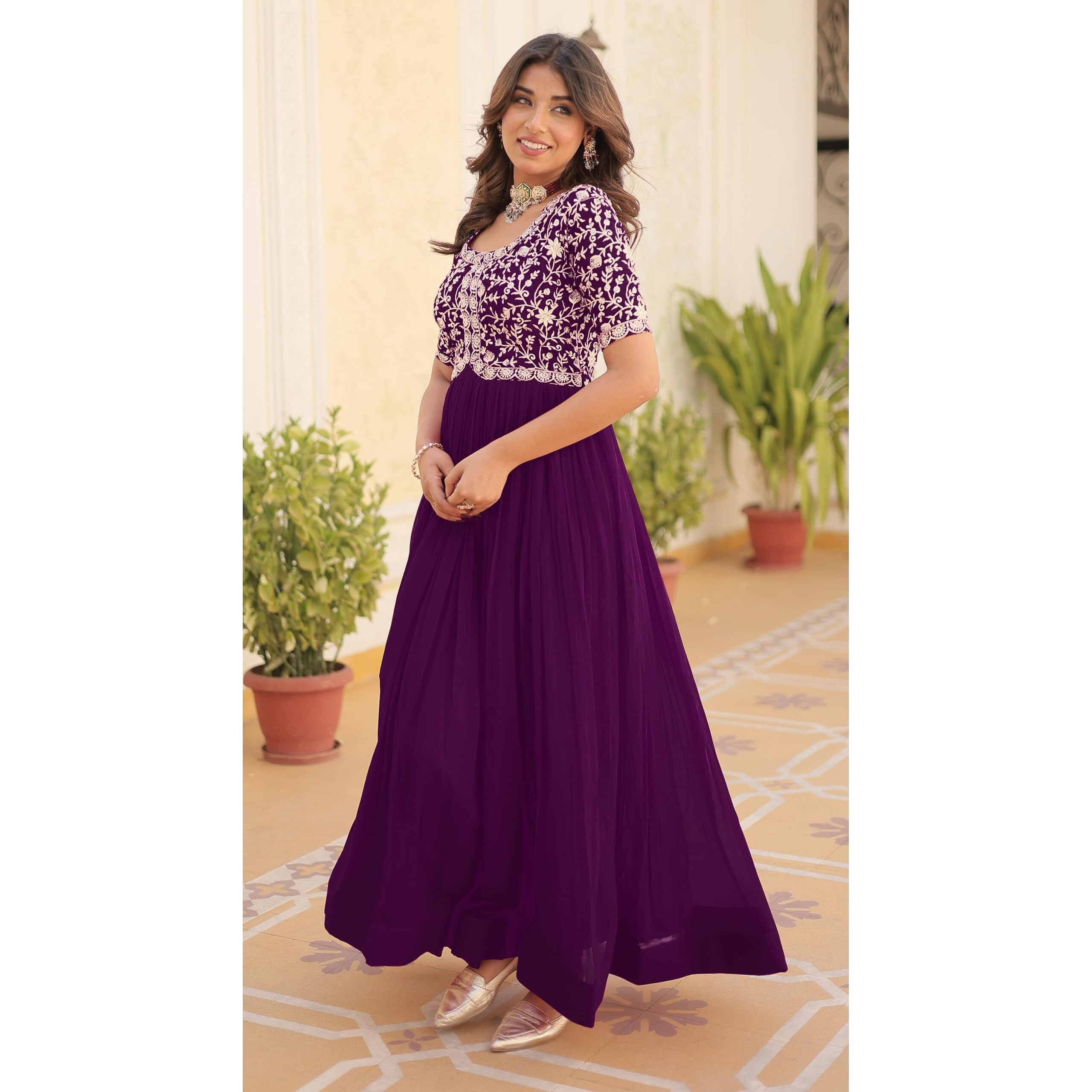 Fashion Basket Georgette Embroidered Anarkali Gown For Women Purple