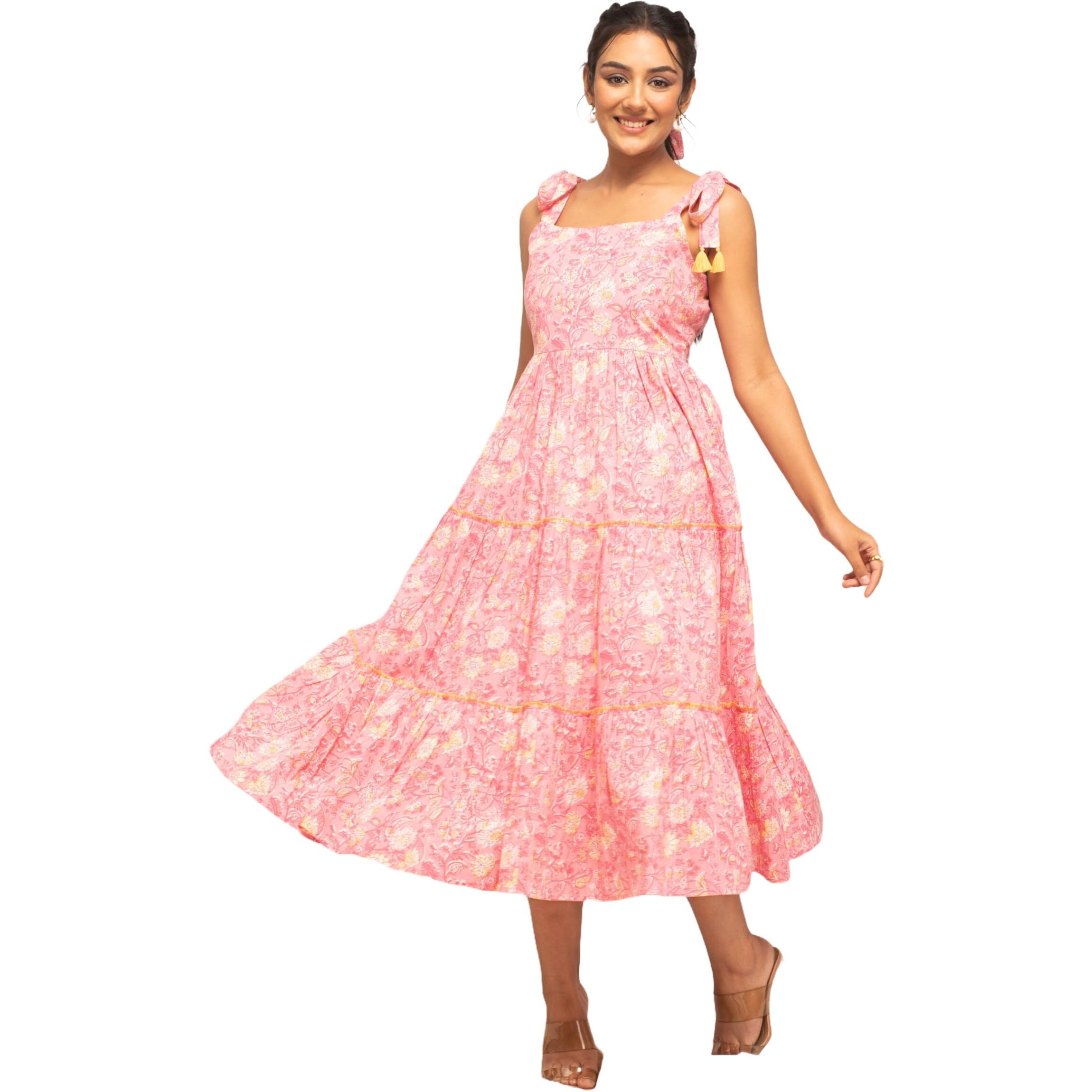 Fiorra Women's Peach Cotton Floral Printed Western Dress Dr0003