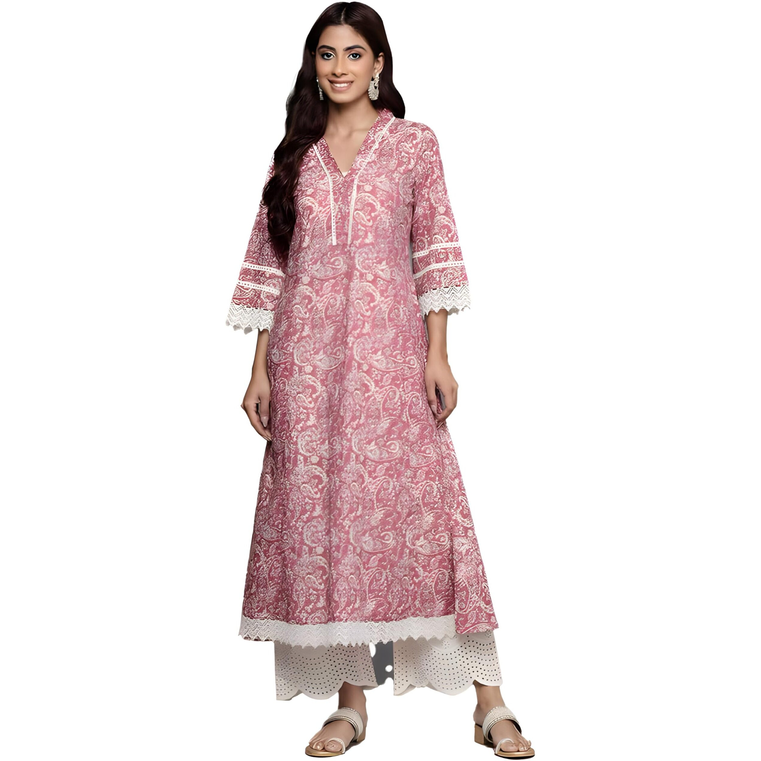 Varanga Womens Peach Paisley Printed A-Line Kurta With Lace Embellishment, V-Neck, 3/4 Sleeves, Casual & Festive Ethnic Wear For All Occasions (Large)