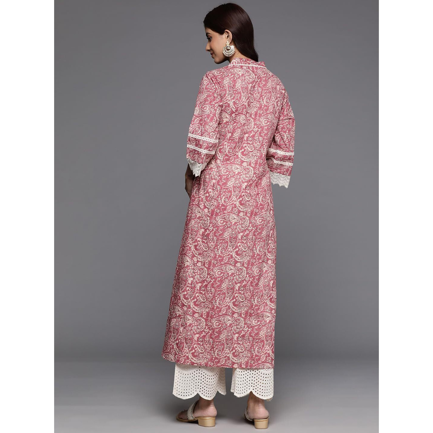 Varanga Womens Peach Paisley Printed A-Line Kurta With Lace Embellishment, V-Neck, 3/4 Sleeves, Casual & Festive Ethnic Wear For All Occasions (Large)