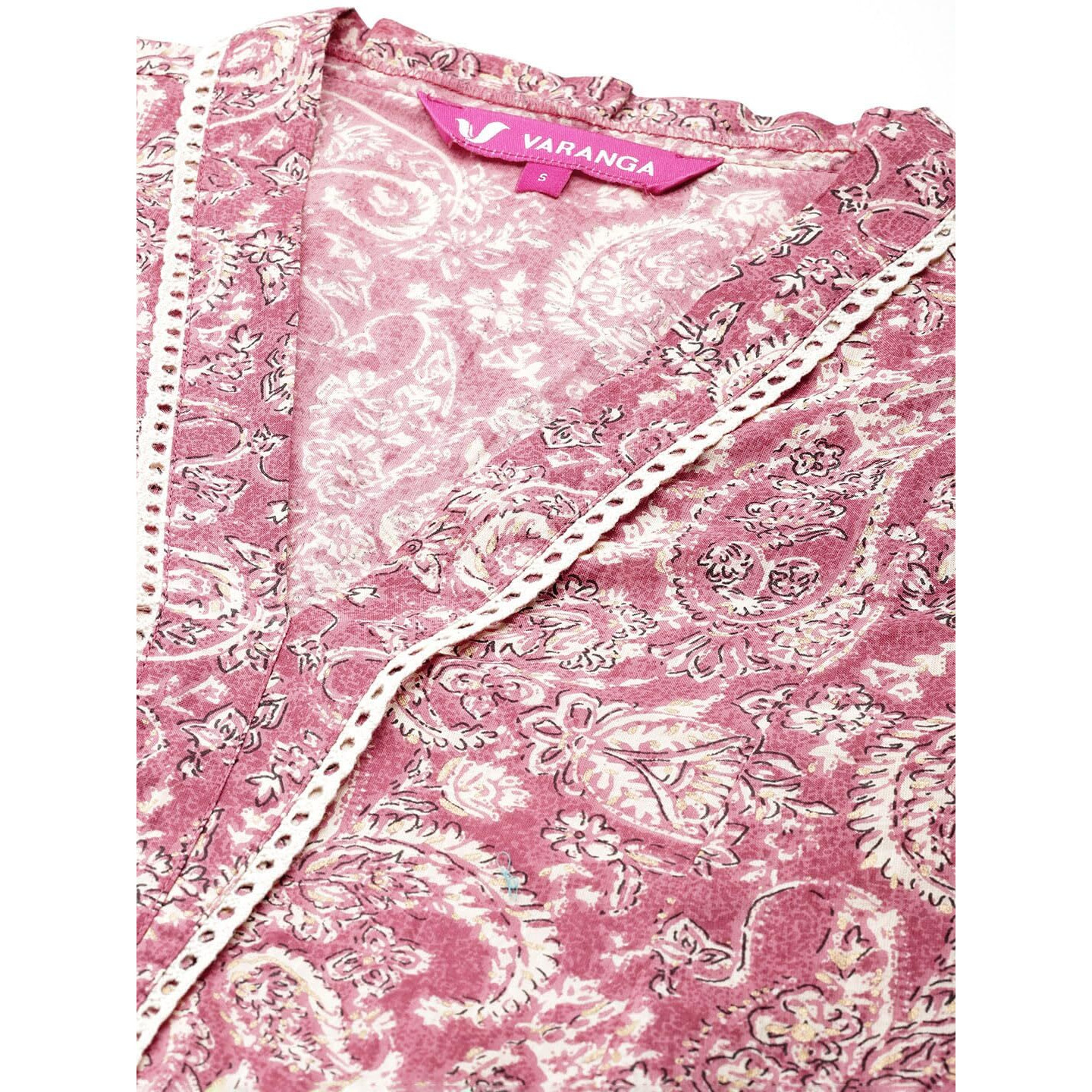 Varanga Womens Peach Paisley Printed A-Line Kurta With Lace Embellishment, V-Neck, 3/4 Sleeves, Casual & Festive Ethnic Wear For All Occasions (Large)