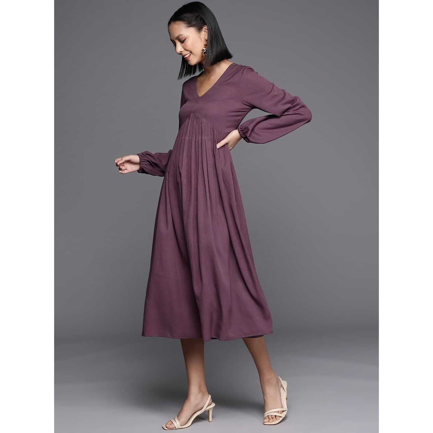 Varanga Women Mauve V-Neck Bishop Sleeves A-Line Dress With Gathered Details & Flared Hem - Calf Length (Medium)
