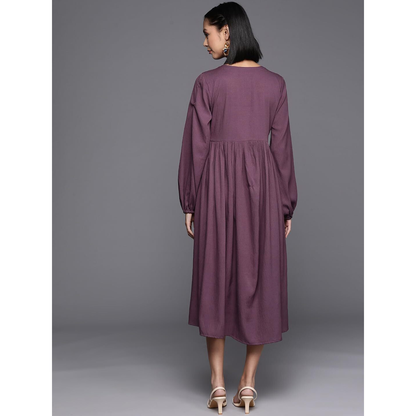 Varanga Women Mauve V-Neck Bishop Sleeves A-Line Dress With Gathered Details & Flared Hem - Calf Length (Medium)