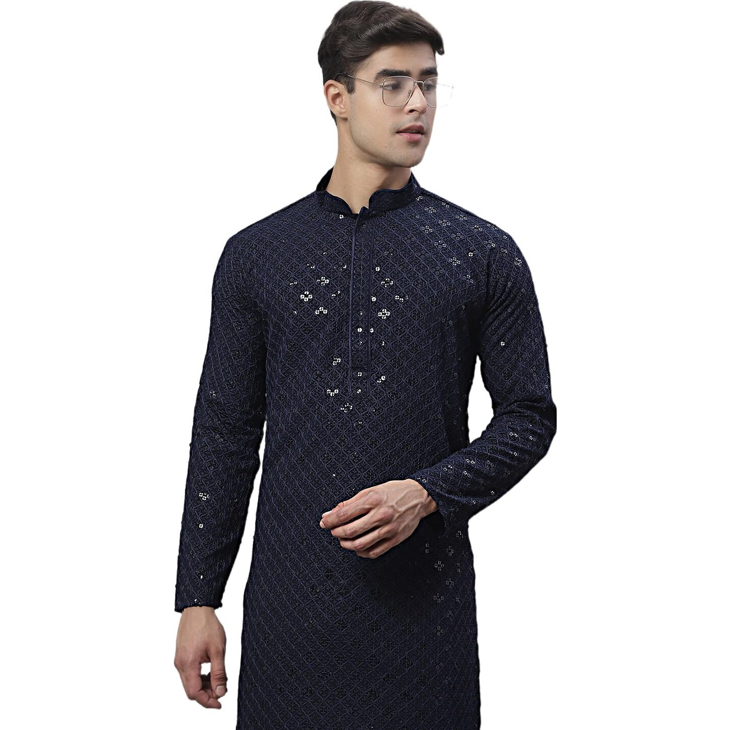 Jompers Men's Chikankari Embroidered And Sequence Kurtas Only (Navy, S)