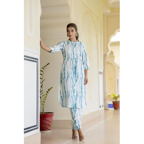 Lookmark Women's Printed Cotton Blend Straight Kurta Pant Set - Elegant Ethnic Wear Ensemble For Modern Women, Perfect For Any Occasion (Az-Lm-P3-Ks2119-M) Sky Blue