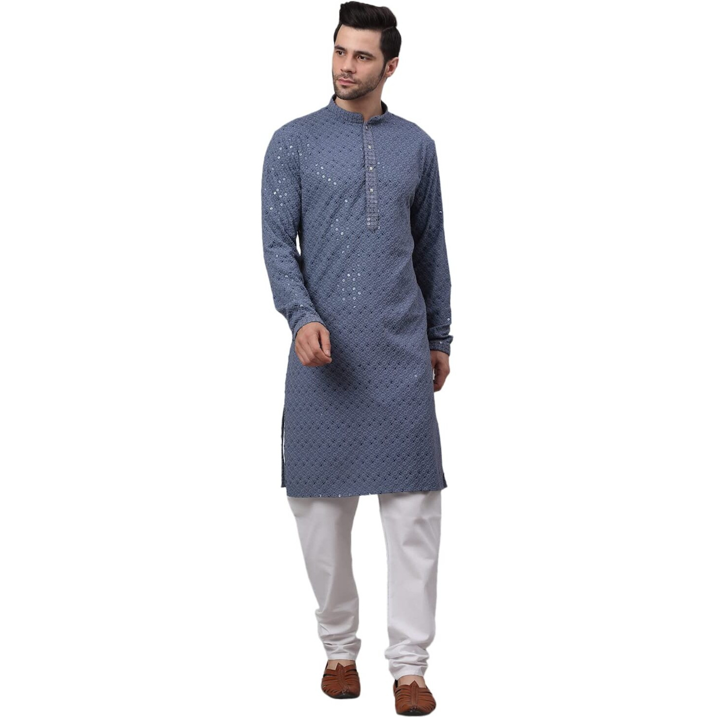 Jompers Men's Grey Chikankari Embroidered And Sequence Kurta With Churidar (Grey,M)