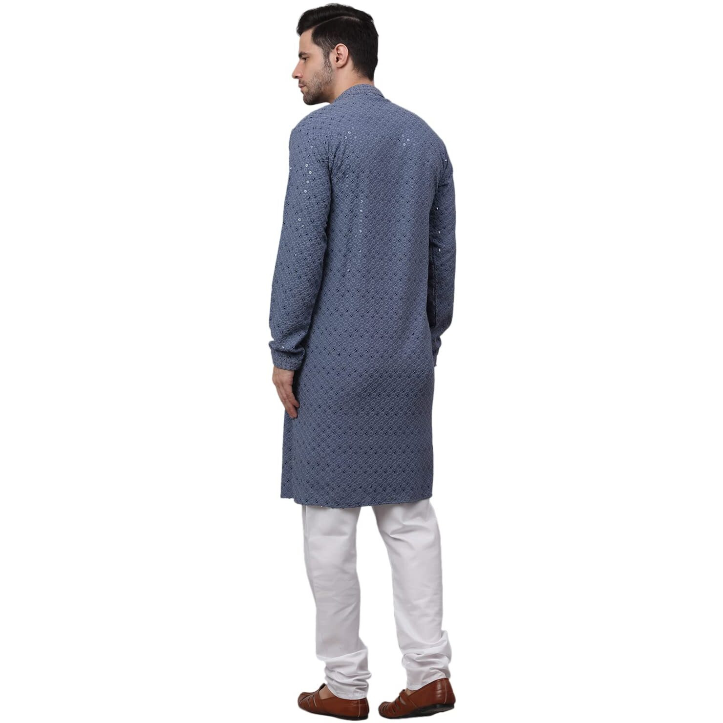Jompers Men's Grey Chikankari Embroidered And Sequence Kurta With Churidar (Grey,M)