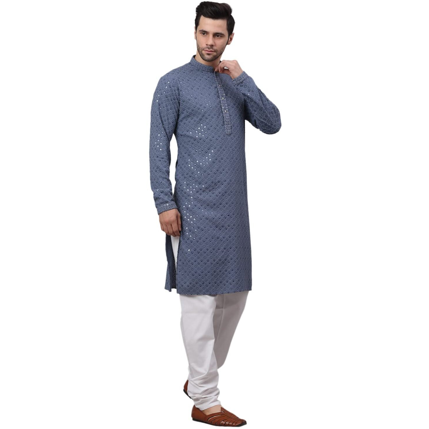 Jompers Men's Grey Chikankari Embroidered And Sequence Kurta With Churidar (Grey,M)