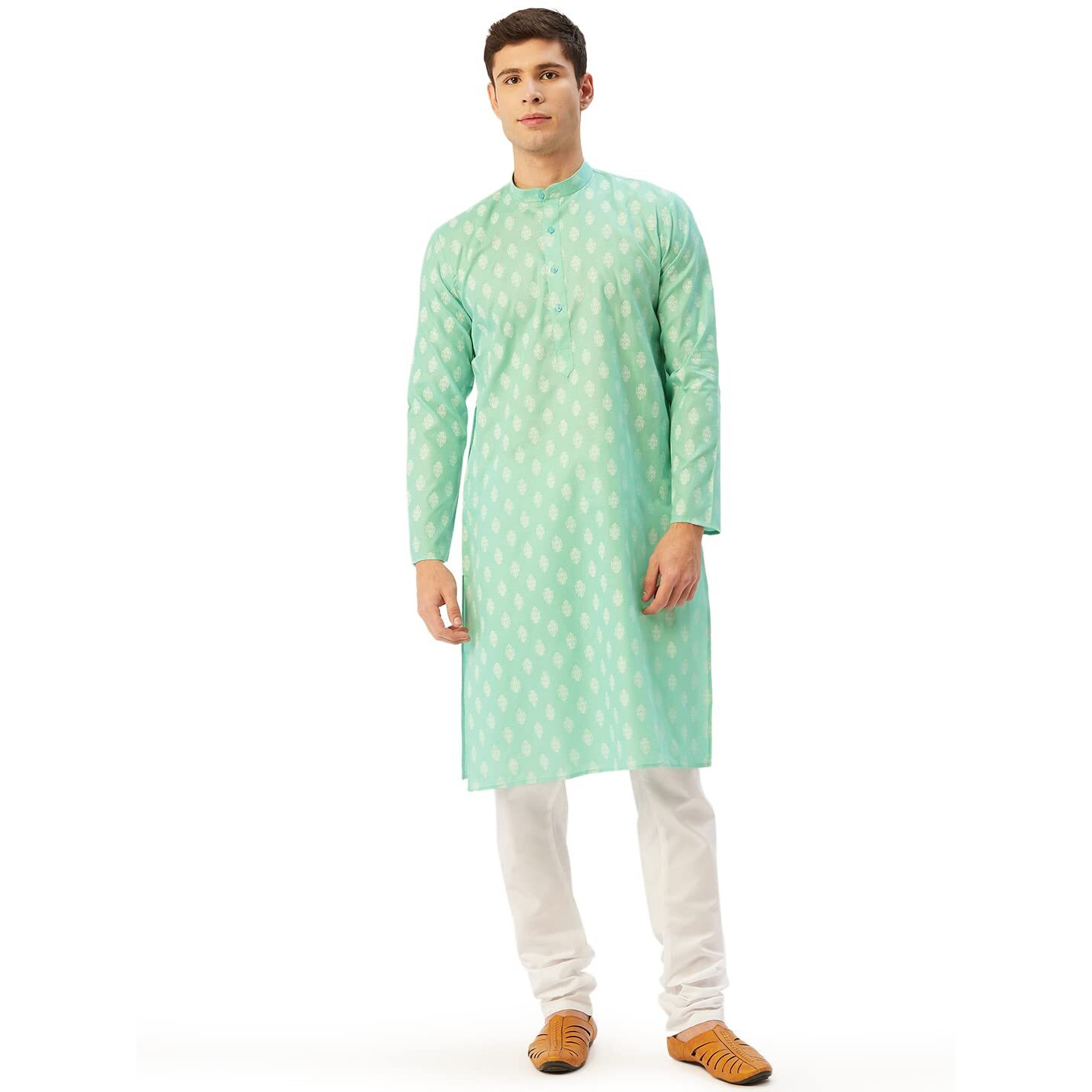Jompers Men's Cotton Floral Printed Kurta Pyjama Set. (Green, L), Large