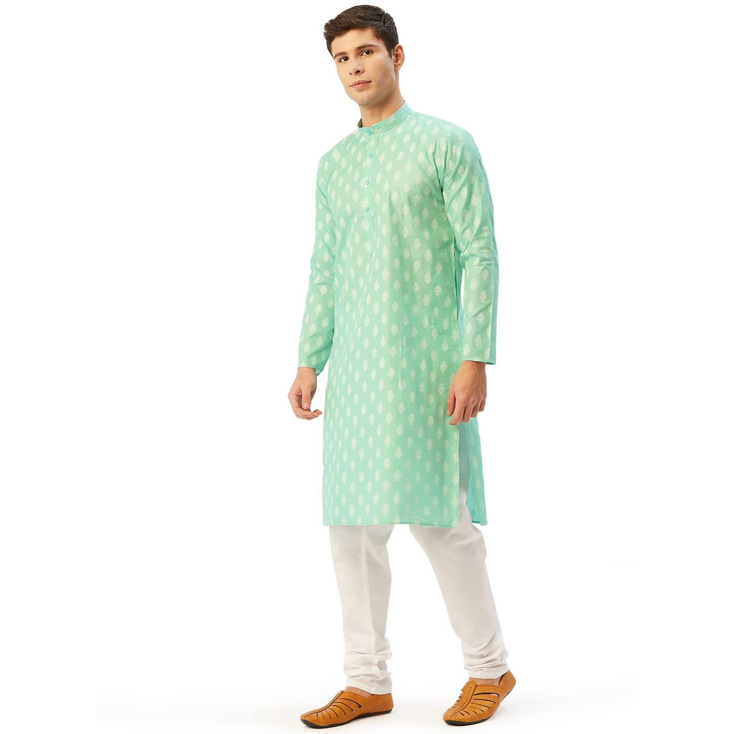 Jompers Men's Cotton Floral Printed Kurta Pyjama Set. (Green, L), Large