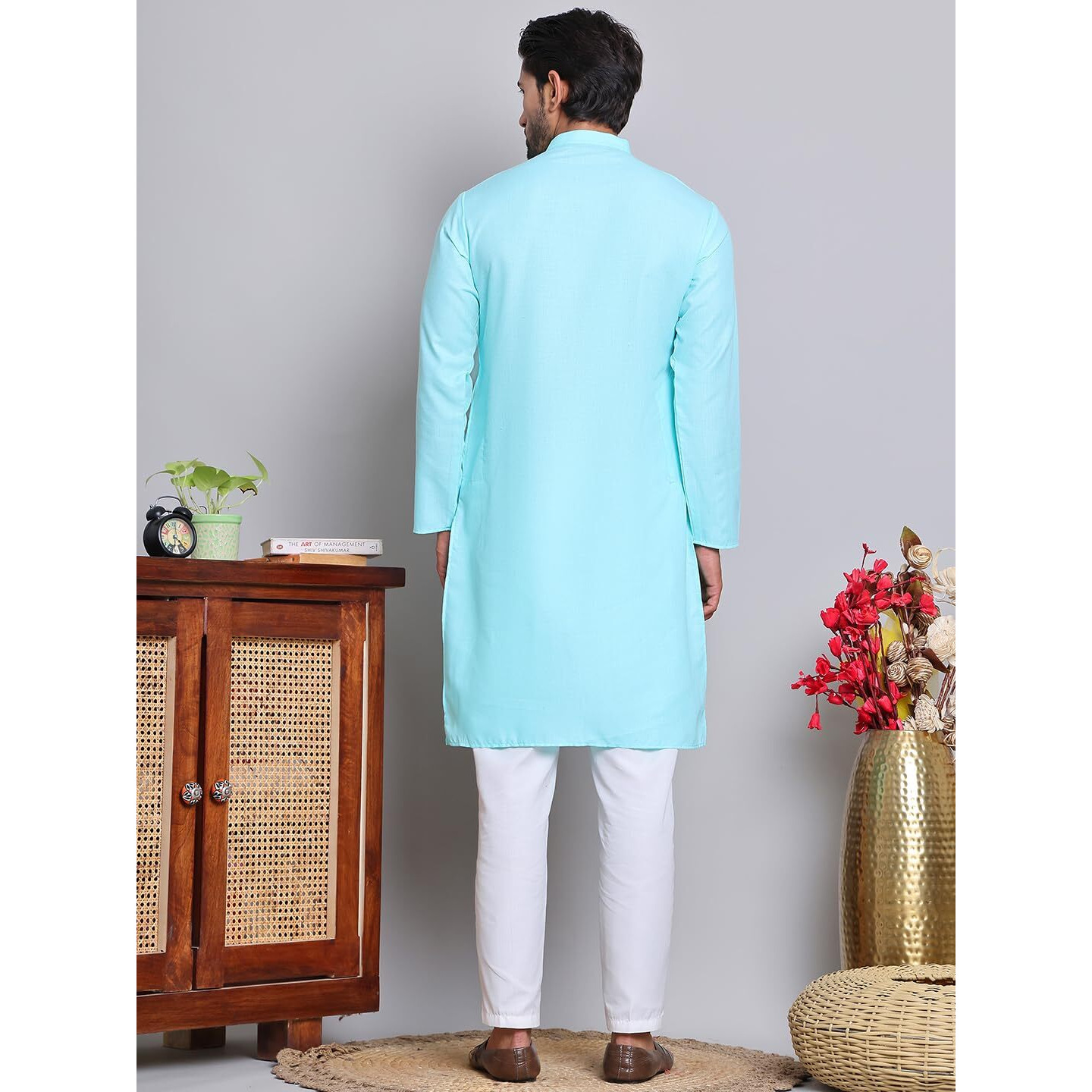 Jompers Sky Solid Cotton Kurta Set For Men (Sky, M)