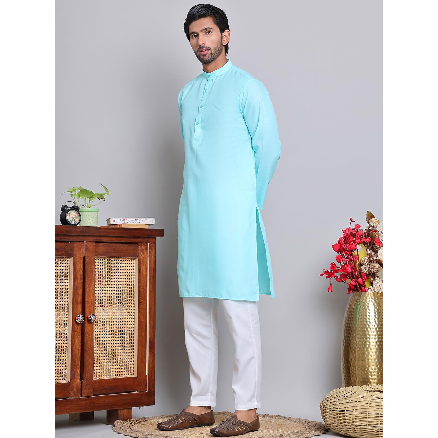 Jompers Sky Solid Cotton Kurta Set For Men (Sky, M)