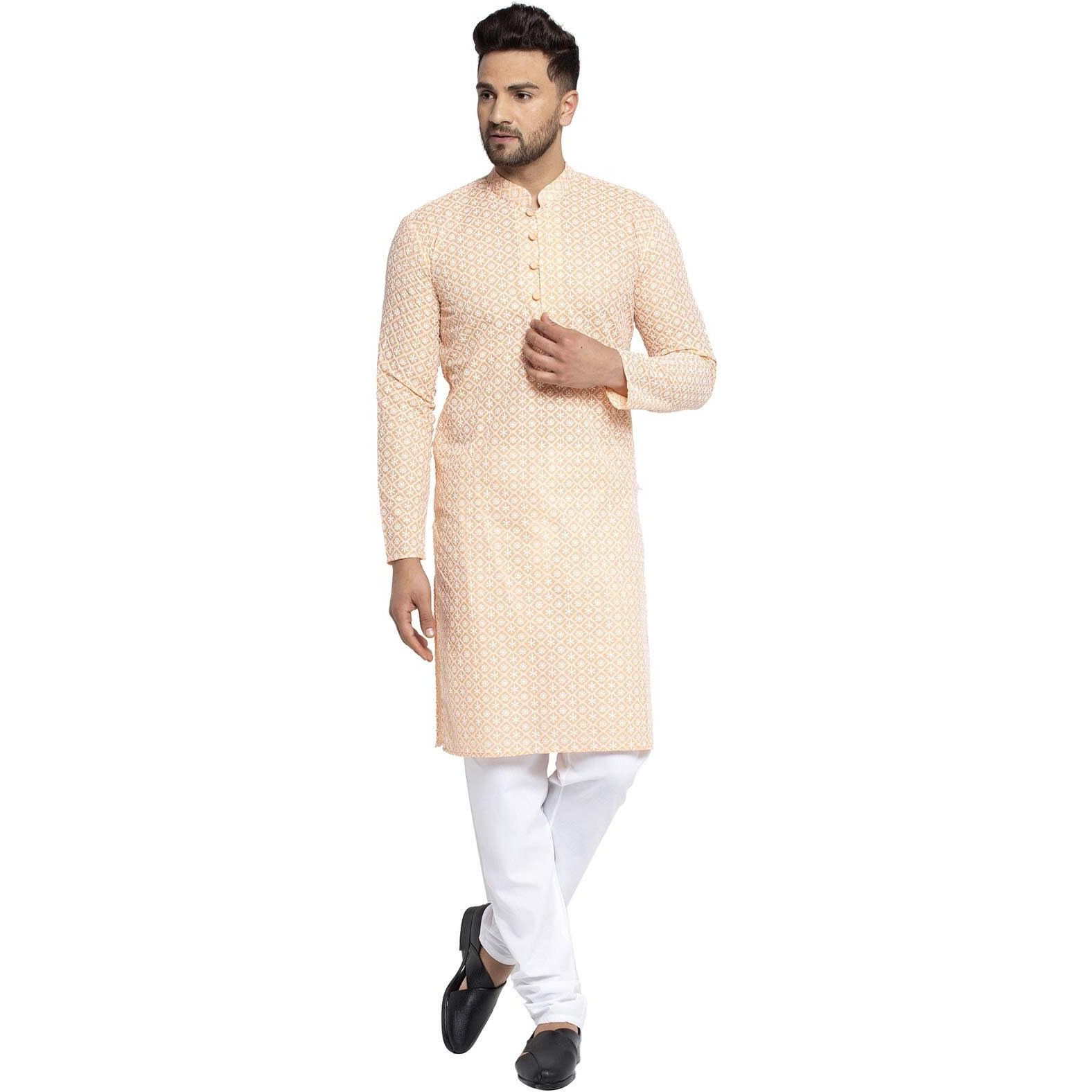 Jompers Men's Embroidered Pure Cotton Kurta Pyjama Set. (Orange,L)