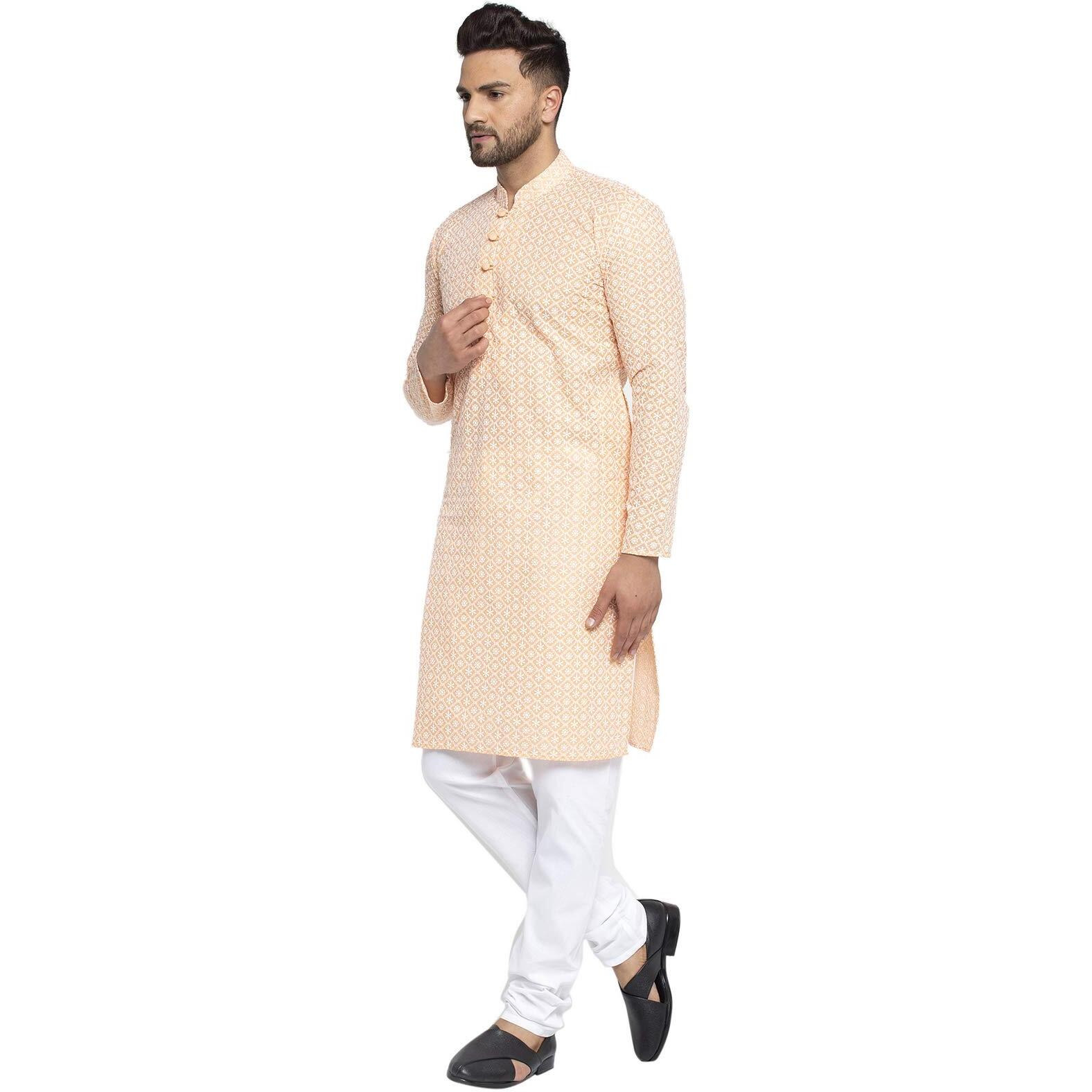 Jompers Men's Embroidered Pure Cotton Kurta Pyjama Set. (Orange,L)