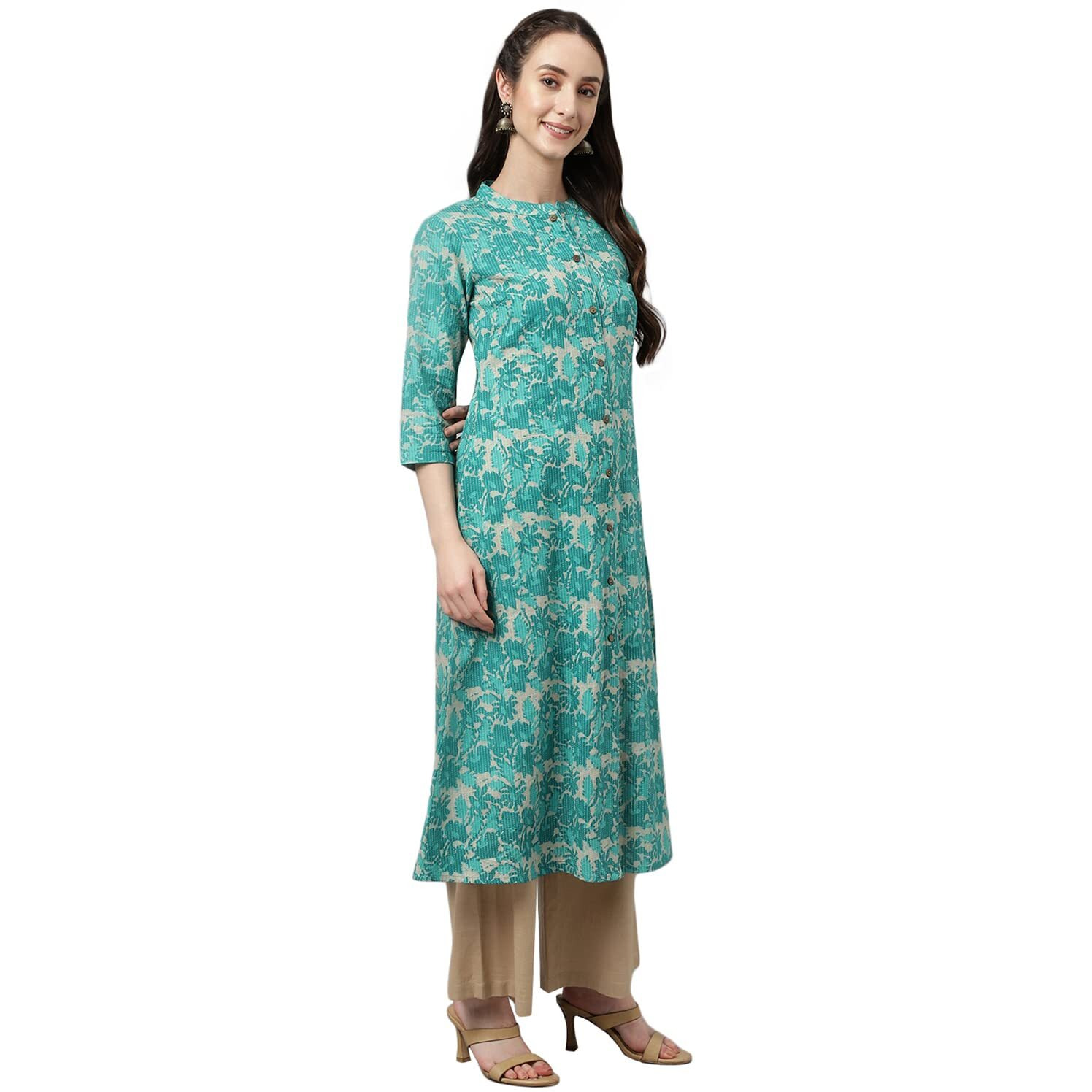 Fiorra Women's Floral Printed Teal Green Pure Cotton Straight Kurta
