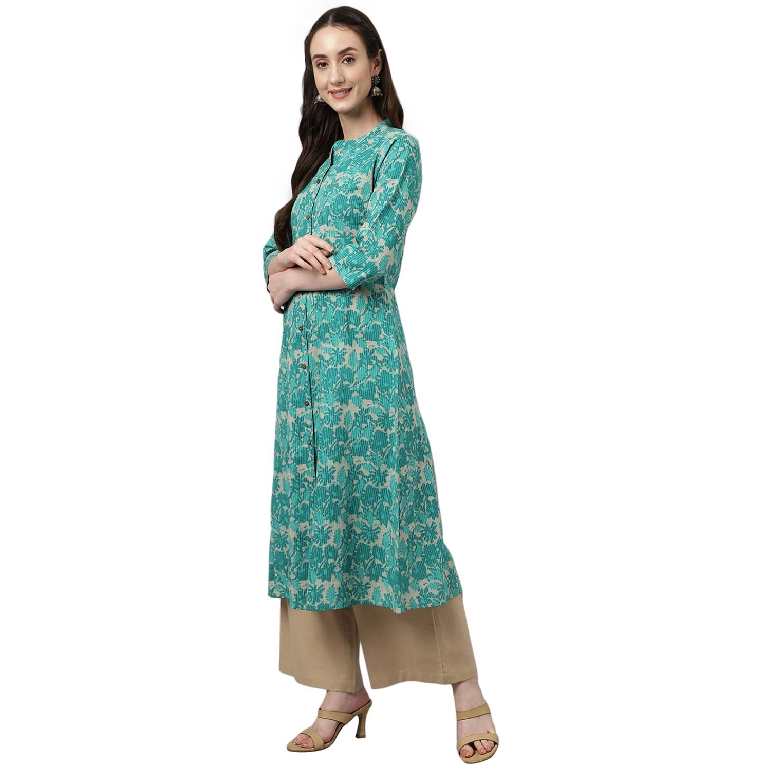 Fiorra Women's Floral Printed Teal Green Pure Cotton Straight Kurta