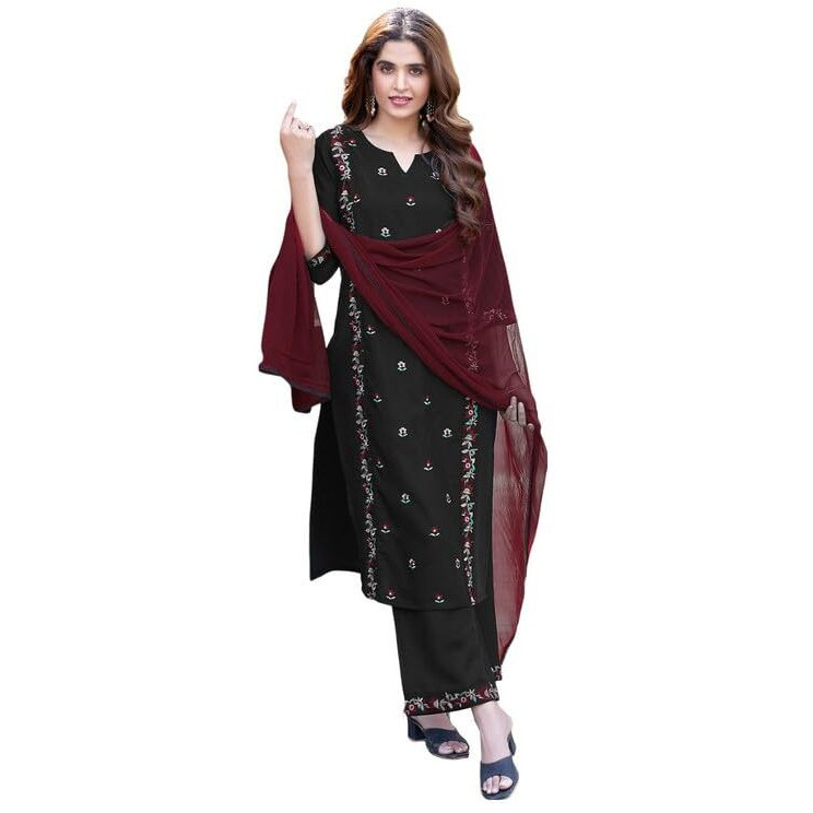 Sanisa Women's Rayon Blend Embroidery Straight Kurta Set With Dupatta (56Kbd656N-Xl_Black)