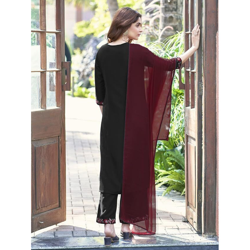 Sanisa Women's Rayon Blend Embroidery Straight Kurta Set With Dupatta (56Kbd656N-Xl_Black)