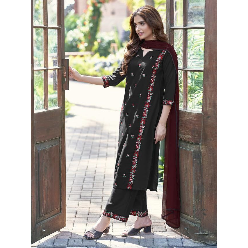 Sanisa Women's Rayon Blend Embroidery Straight Kurta Set With Dupatta (56Kbd656N-Xl_Black)