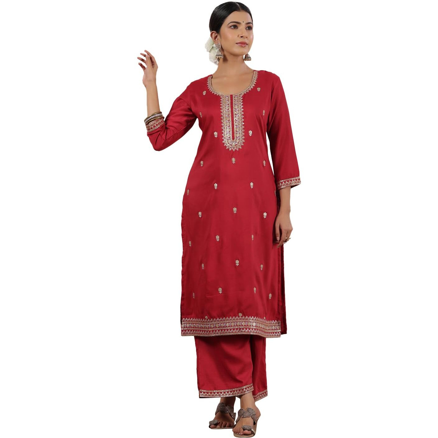 Ishin Women's Fuchsia Zari Work Ethnic Motifs Poly Silk Straight Kurta