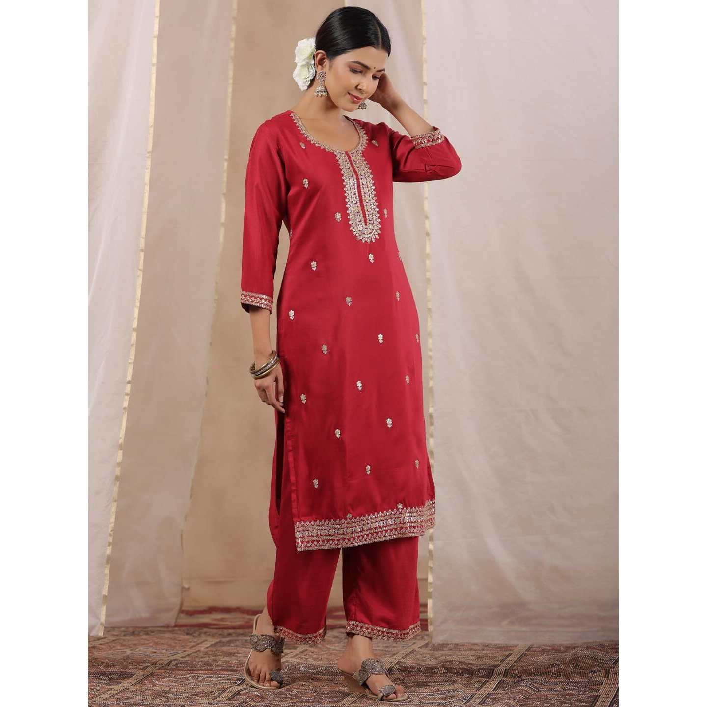 Ishin Women's Fuchsia Zari Work Ethnic Motifs Poly Silk Straight Kurta