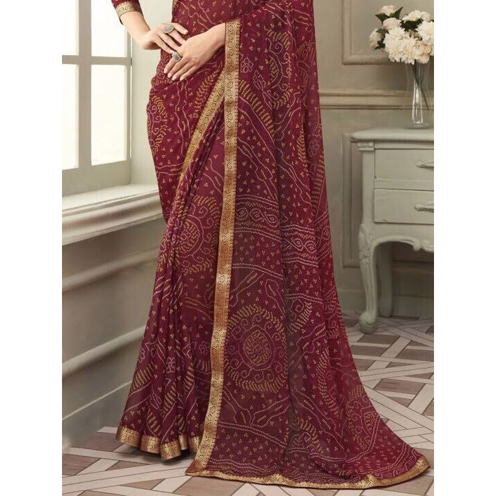 Shiv Textiles Women's Chiffon Bandhani Printed & Lace Border Saree(Sat-544S-107)