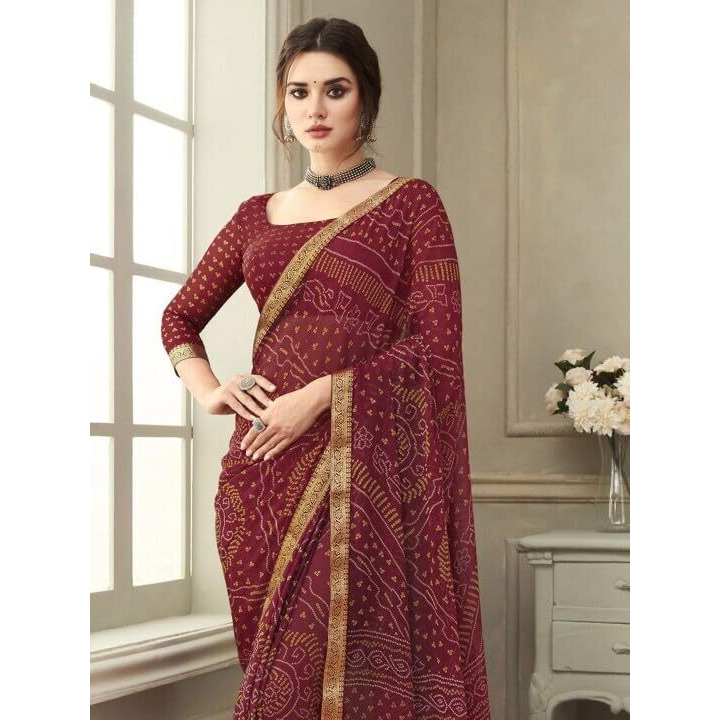 Shiv Textiles Women's Chiffon Bandhani Printed & Lace Border Saree(Sat-544S-107)