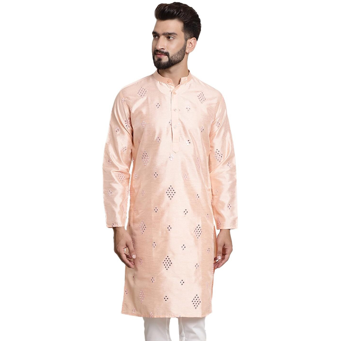 Sojanya (Since 1958 Men's Silk Blend Mirror Work Peach Only Long Kurta