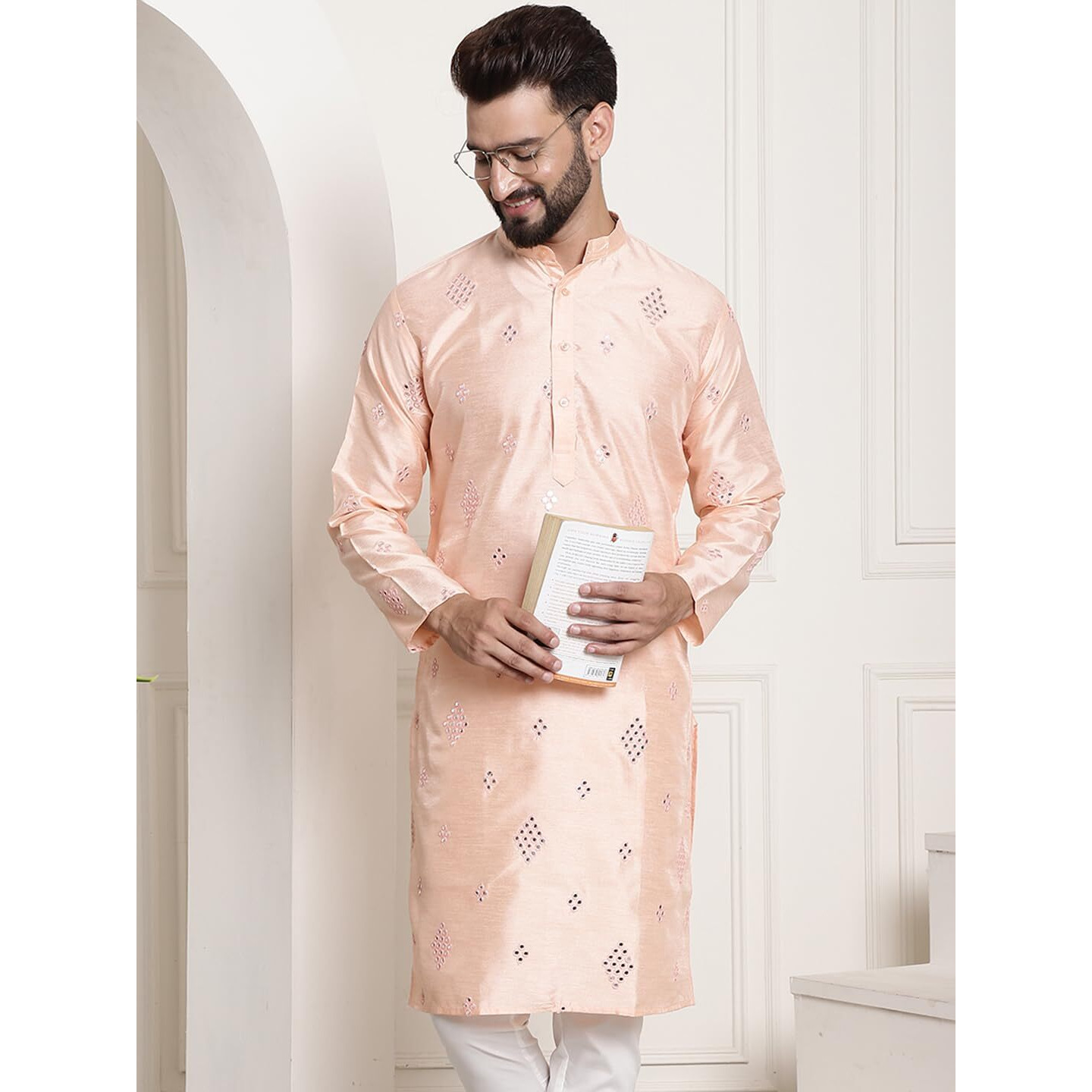 Sojanya (Since 1958 Men's Silk Blend Mirror Work Peach Only Long Kurta
