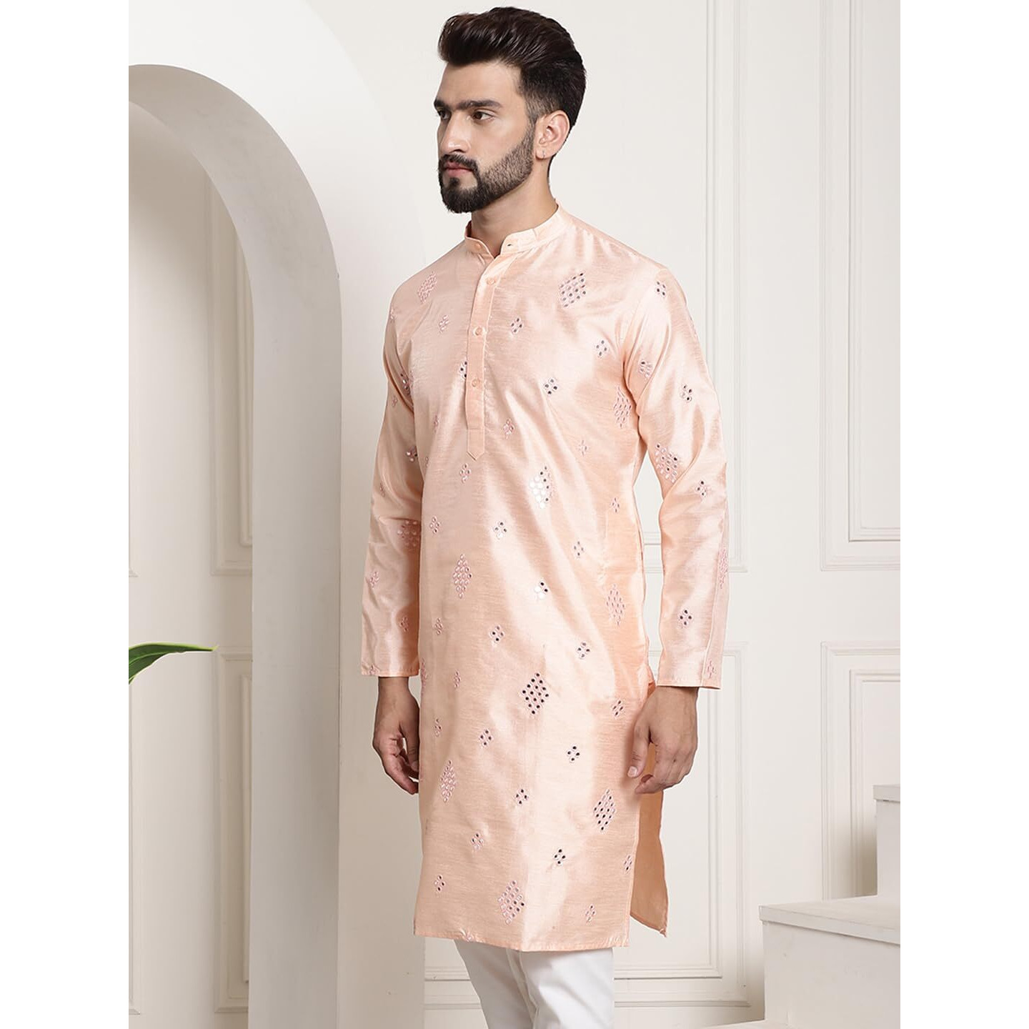Sojanya (Since 1958 Men's Silk Blend Mirror Work Peach Only Long Kurta