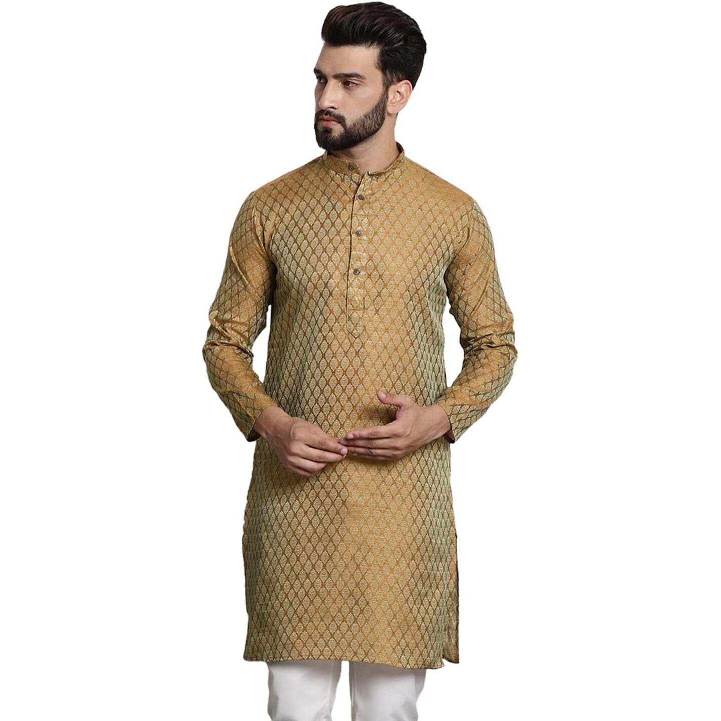 Sojanya Men's (Since 1958) Silk Blend Mustard Color Self Design Only Long Kurta