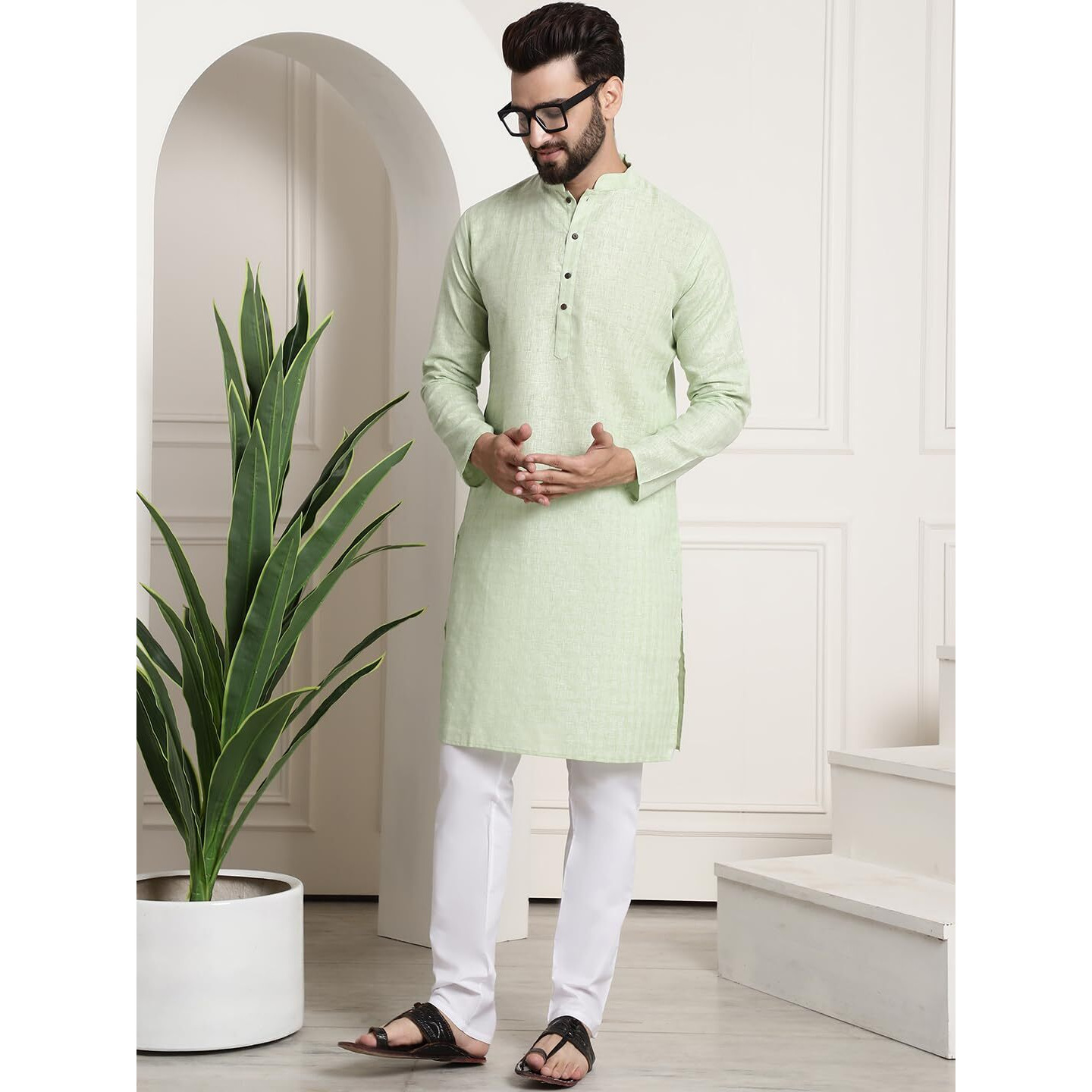 Sojanya (Since 1958 Men's Cotton Blend Green Checked Kurta And White Churidar Pyjama Set
